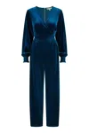 Yumi Women's Blue  Teal Velvet Long Sleeve Jumpsuit In Blue