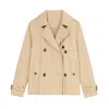 Yumi Women's Brown  Beige Cropped Trench Jacket With Pockets & Check Lining