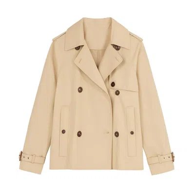 Yumi Women's Brown  Beige Cropped Trench Jacket With Pockets & Check Lining