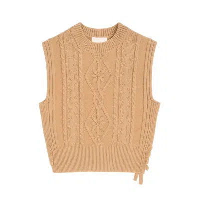 Yumi Women's Brown  Camel Flower Cable Knit Tie Side Pullover