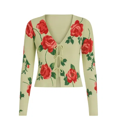 Yumi Women's Brown  Green Rose Print Cardigan With Tie Front
