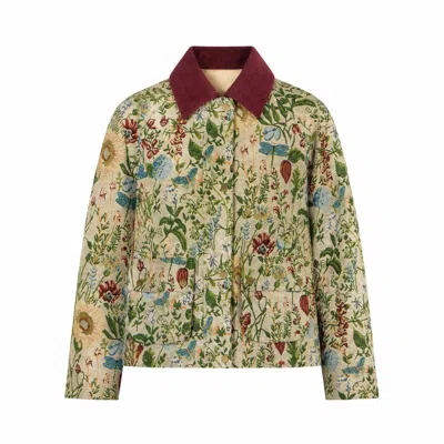 Yumi Women's Green  Ivory Botanical Woven Bomber Jacket