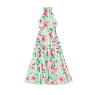 Yumi Floral Halter Neck Midi Dress In Green