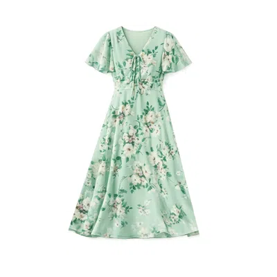 Yumi Women's Green  Mint Floral Tea Dress With Front Ties