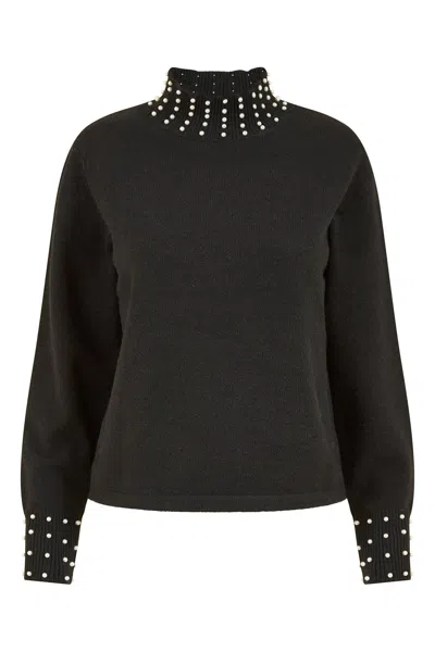 Yumi Women's Mela Black Pearl Detail High Neck Jumper