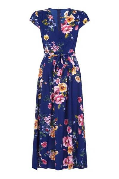 Yumi Women's Mela Blue Floral Wrap Over Dipped Hem Midi Dress