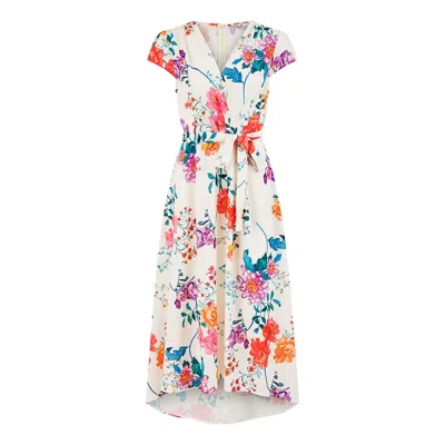 Yumi Women's Neutrals / White  Ivory Flower Print Wrap Midi Dress