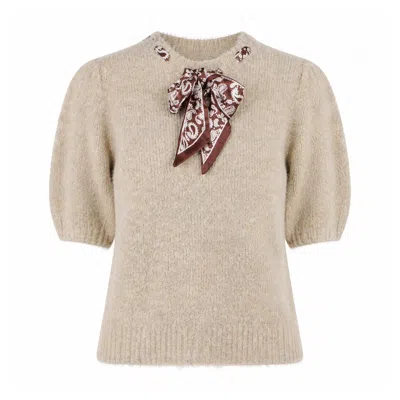 Yumi Women's Neutrals  Beige Fluffy Jumper With Scarf Detail In Gray