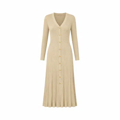 Yumi Women's Neutrals  Beige Viscose Knitted Midi Ribbed Dress