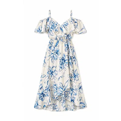 Yumi Women's Neutrals  Ivory Floral Print Bardot Midi Dress With Dip Hem In Blue