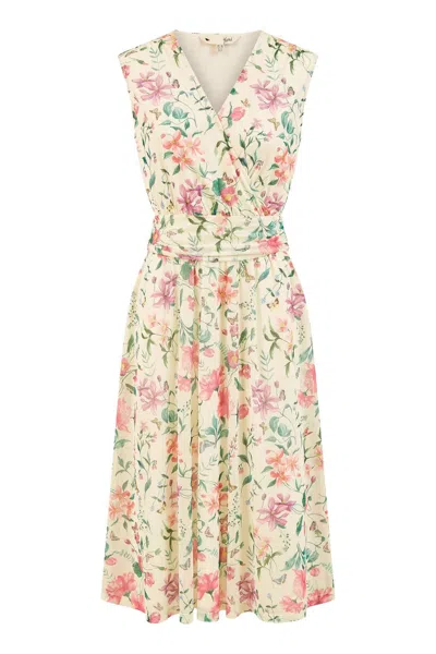 Yumi Women's Neutrals  Ivory Floral Print Mesh Stretch Midi Dress With Pockets