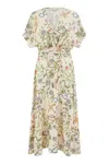 Yumi Women's Neutrals  Ivory Floral Print Ruched Waist Midi Dress With Kimono Sleeves