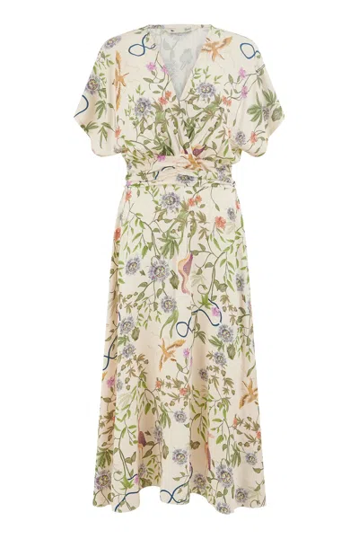 Yumi Women's Neutrals  Ivory Floral Print Ruched Waist Midi Dress With Kimono Sleeves