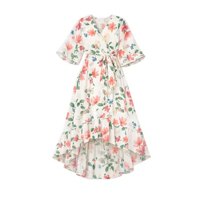 Yumi Women's Neutrals  Ivory Floral Print Wrap Midi Dress With Dipped Hem In Multi