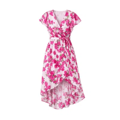 Yumi Women's Neutrals  Ivory Floral Wrap Dress With Dipped Hem In Pink