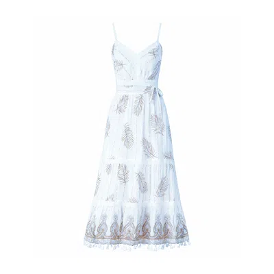 Yumi Women's Neutrals  Ivory Foil Print Midi Sun Dress With Lace Trims In Blue