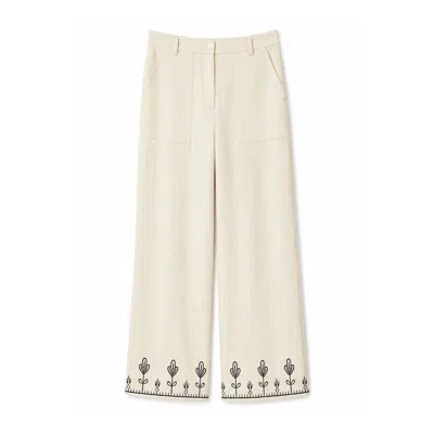Yumi Women's Neutrals  Ivory Linen Mix Embroirdered Trousers In White