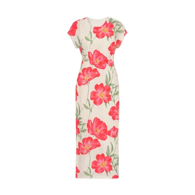 Yumi Poppy Print Midi Mesh Dress In Neutral