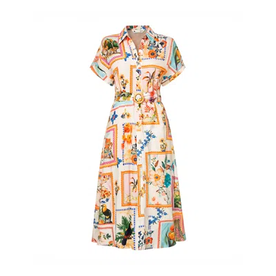 Yumi Women's Neutrals  Ivory Tropical Postcard Print Relaxed Midi Shirt Dress In White