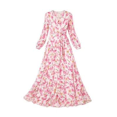 Yumi Orchid Floral Pleated Wrap Maxi Dress In Pink