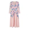 Yumi Women's Pink / Purple  Pink Floral Placement Button Down Midi Dress With Long Sleeves