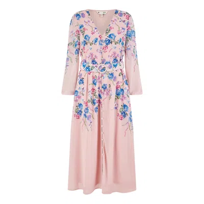 Yumi Women's Pink / Purple  Pink Floral Placement Button Down Midi Dress With Long Sleeves