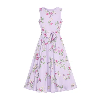 Yumi Sleeveless Tie Waist Printed Midi Dress In Purple