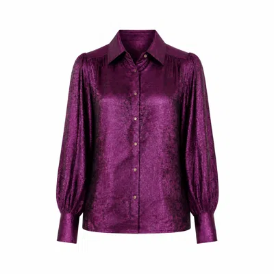 Yumi Women's Purple  Pink Metallic Relaxed Balloon Sleeve Shirt