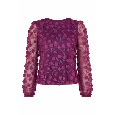 Yumi Women's Purple  Plum Sheer Sleeve Applique Flower Top