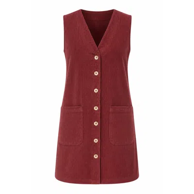 Yumi Women's Red  Burgundy Cord Button Through Pinafore Dress With Pockets In Brown