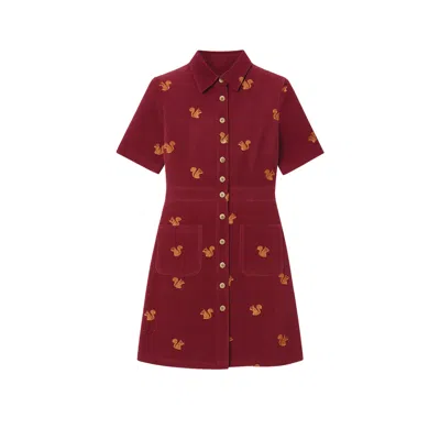 Yumi Women's Red  Burgundy Cord Shirt Dress With All Over Squirrel Embroidery