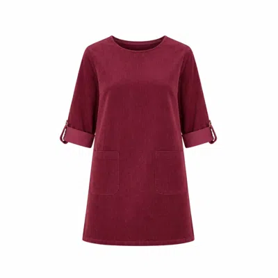 Yumi Women's Red  Burgundy Cord Tunic Dress With 3/4 Sleeves And Pockets In Brown