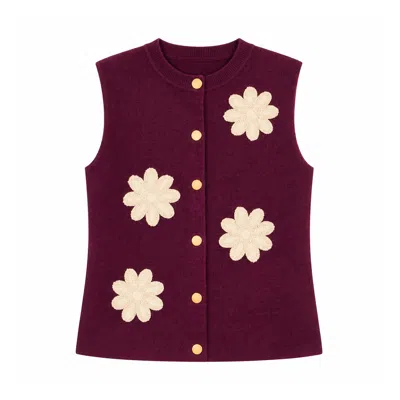 Yumi Women's Red  Burgundy Flower Applique Knit Waistcoat