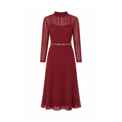 Yumi Women's Red  Burgundy High Neck Lace Midi Dress