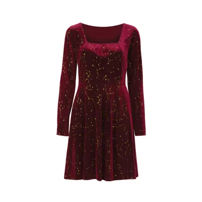 Yumi Women's Red  Burgundy Star Foil Print Long Sleeve Skater Dress