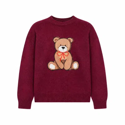 Yumi Women's Red  Burgundy Teddy Bear Relaxed Jumper