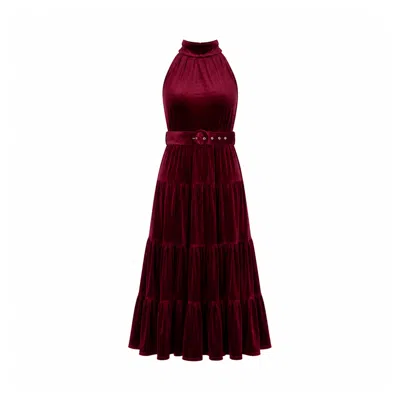 Yumi Women's Red  Burgundy Velvet Halter Maxi Dress With Belt