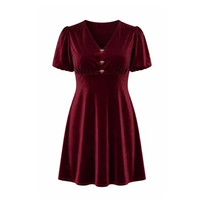 Yumi Women's Red  Burgundy Velvet Skater Dress With Dimante Bow Detail