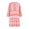 Yumi Women's Red  Coral Tencel Geo Stripe Print Beach Tunic