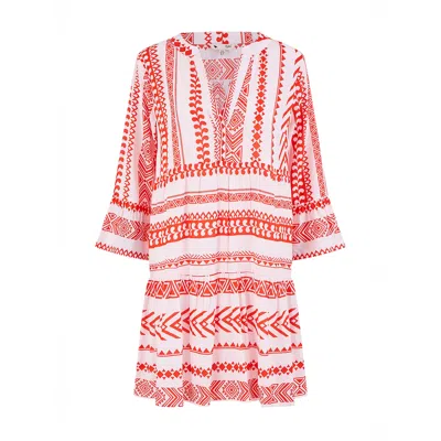 Yumi Women's Red  Coral Tencel Geo Stripe Print Beach Tunic