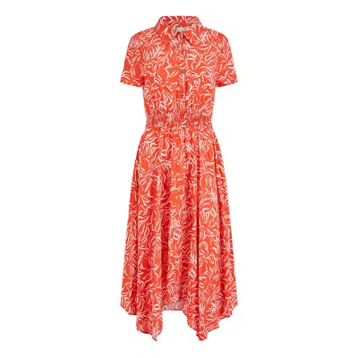 Yumi Women's Red  Coral Tropical Leaf Print Midi Ruched Shirt Dress