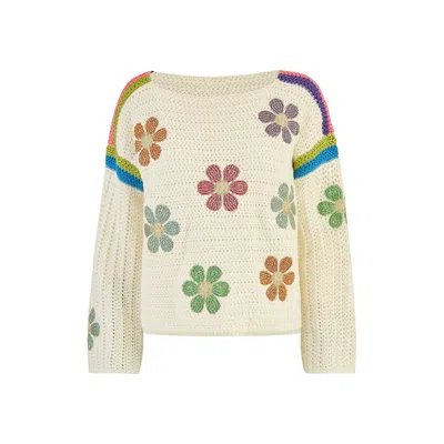 Yumi Women's White  Cream Crochet Flower Jumper