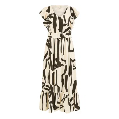 Yumi Women's White  Ivory Abstract Print Viscose Midi Dress With Matching Belt