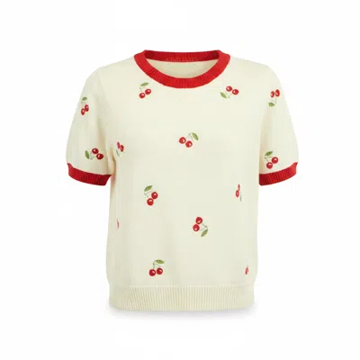 Yumi Women's White  Ivory Cherry Cotton Knitted Top