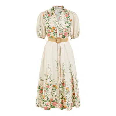 Yumi Women's White  Ivory Cotton Printed Midi Floral Placement Shirt Dress