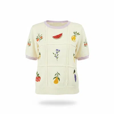 Yumi Women's White  Ivory Fruit Cotton Knitted Top