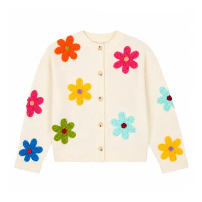 Yumi Women's White  Ivory Knitted Flower Applique Cardigan