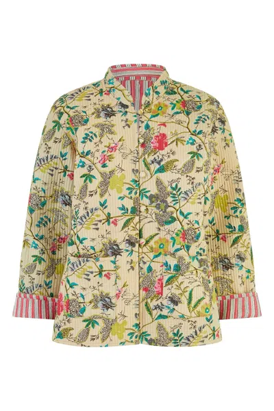 Yumi Women's Yellow  Stone Floral Print Reversible Cotton Quilted Jacket