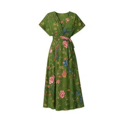 Yumi Women's  Bird And Floral Print Ruched Waist Kimono Midi Dress Green