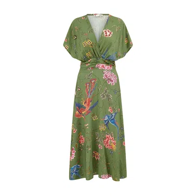 Yumi Ruched Waist Kimono Sleeve Midi Dress In Green